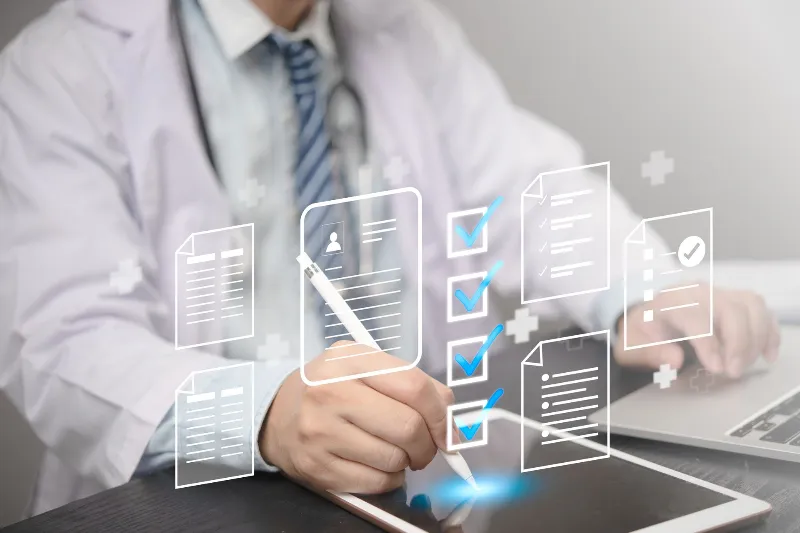 physician assessment expert checks patient care quality, hospital assessment of treatment